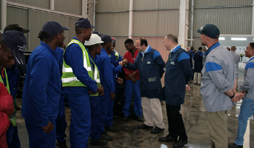 Gabriele Perris Magnetto, the CEO, meeting the plant 2 employees whilst Vincent Lemaire (Country Leader) and Louis de Beer (Plant manager) look on