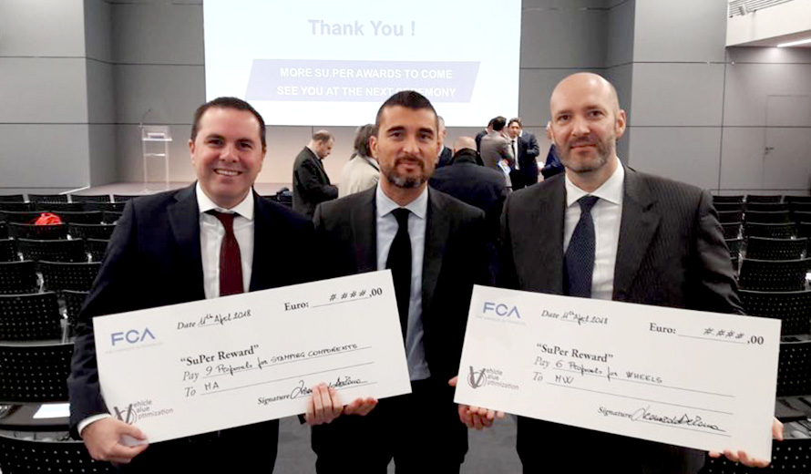 Our Marco Paoli, Michele Mancini and Fabio Cappellini proudly hold the awards together with Monica Genovese, Head of FCA Purchasing - Emea Region.