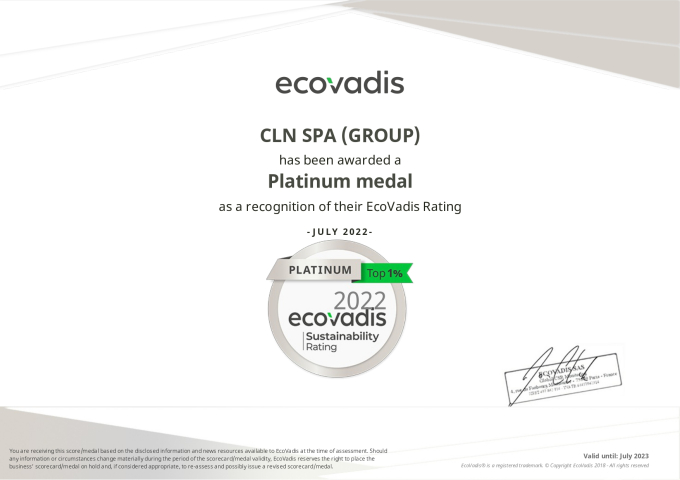 CLN SPA has been awarded a Platinum sustainability rating by Ecovadis