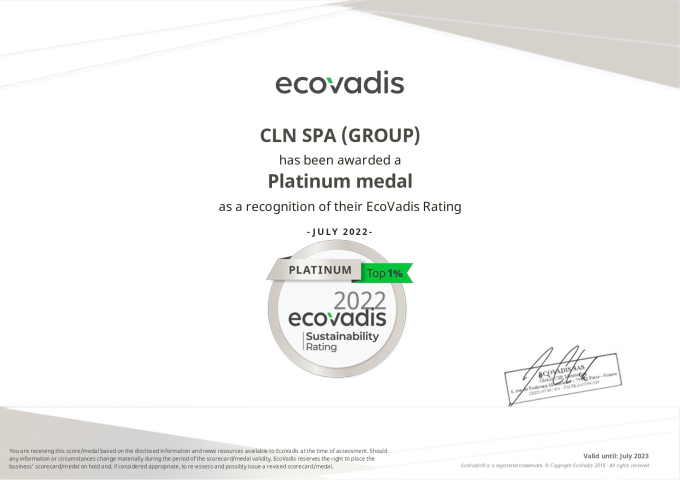 CLN SPA ha ottenuto il rating di sostenibilità Platinum da Ecovadis